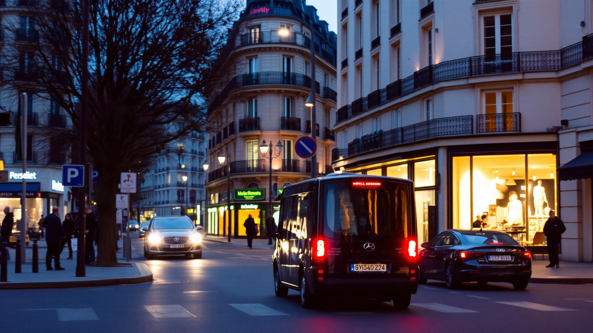 An illuminated Paris street in the evening with a chauffeur-driven car