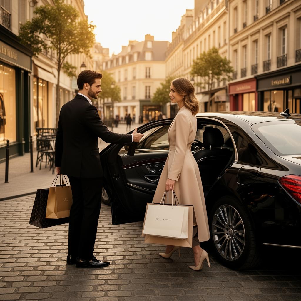 Chauffeur-driven car on the road to La Vallée Village outlet